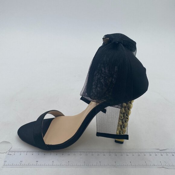 FSJ Black Mesh Gold Metal Chain Chunky High Heels Ankle Strap Open Toe Sandals - Picture 2 of 8